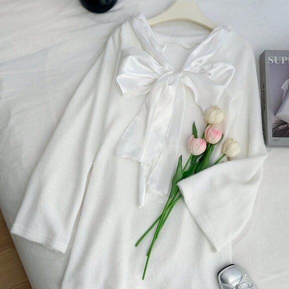 White Romantic Women's Furry Knitted Warm Flare Sleeve Backless Bow Tie Dress - Picture 3 of 6